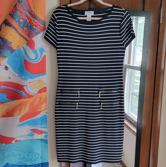 HP🎉 Carmen Marc Valvo Short Sleeve Striped Midi Dress - Size L - Picture 2 of 9